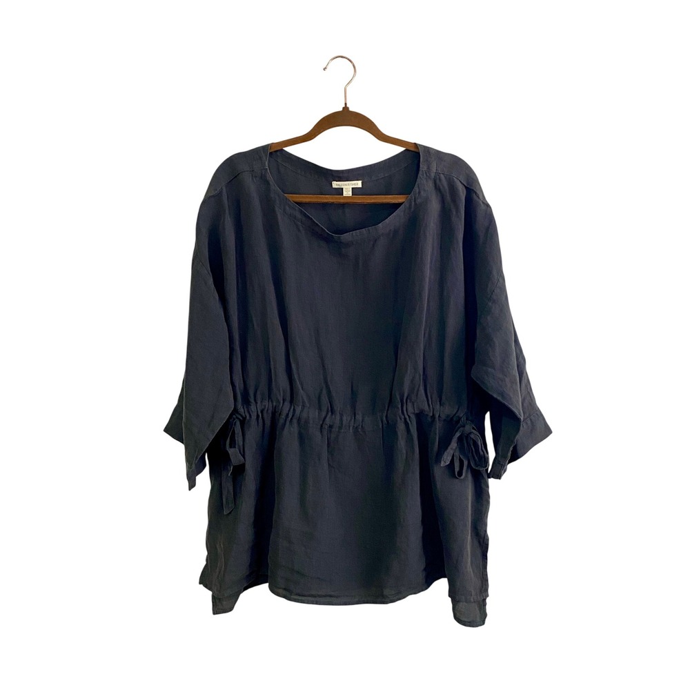 Eileen Fisher Organic Linen Blend Drawstring Waist Top Charcoal Gray 1X‎